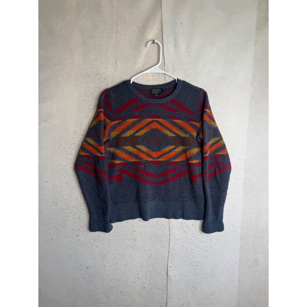 Pendleton Womens Grey Southwestern Geometric Knit Crew Neck Sweater Size M
